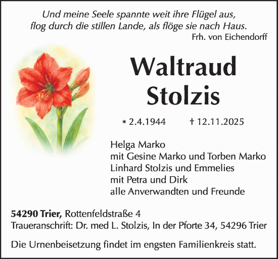 Traueranzeige von Waltraud Stolzis von trierischer_volksfreund