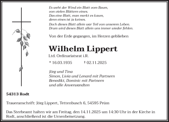 Traueranzeige von Wilhelm Lippert von trierischer_volksfreund