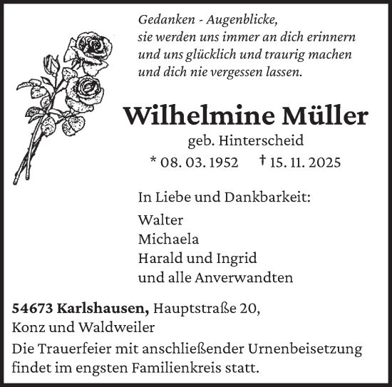 Traueranzeige von Wilhelmine Müller von trierischer_volksfreund