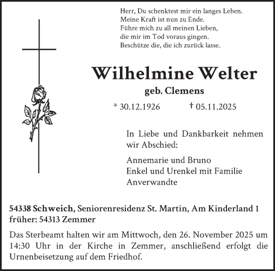 Traueranzeige von Wilhelmine Welter von trierischer_volksfreund