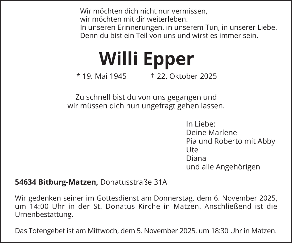  Traueranzeige für Willi Epper vom 31.10.2025 aus trierischer_volksfreund