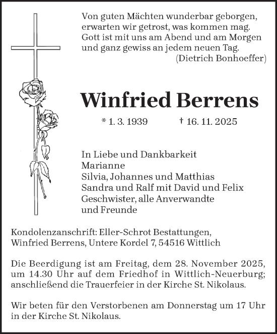 Traueranzeige von Winfried Berrens von trierischer_volksfreund