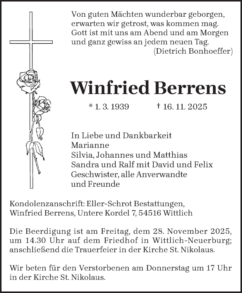  Traueranzeige für Winfried Berrens vom 22.11.2025 aus trierischer_volksfreund