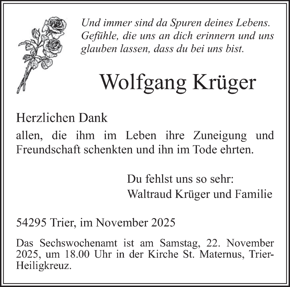  Traueranzeige für Wolfgang Krüger vom 19.11.2025 aus trierischer_volksfreund