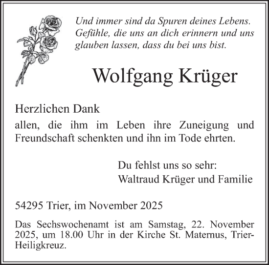 Traueranzeige von Wolfgang Krüger von trierischer_volksfreund