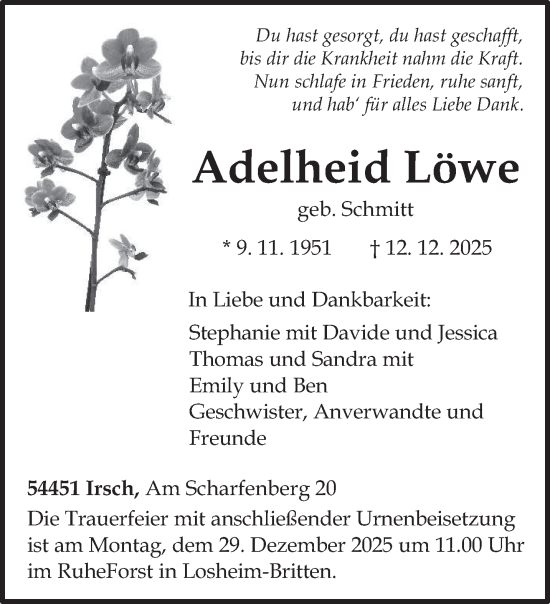 Traueranzeige von Adelheid Löwe von trierischer_volksfreund