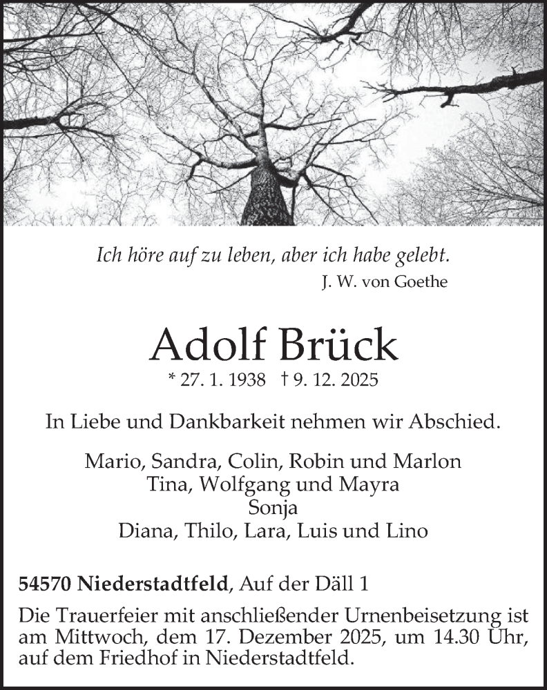  Traueranzeige für Adolf Brück vom 13.12.2025 aus trierischer_volksfreund