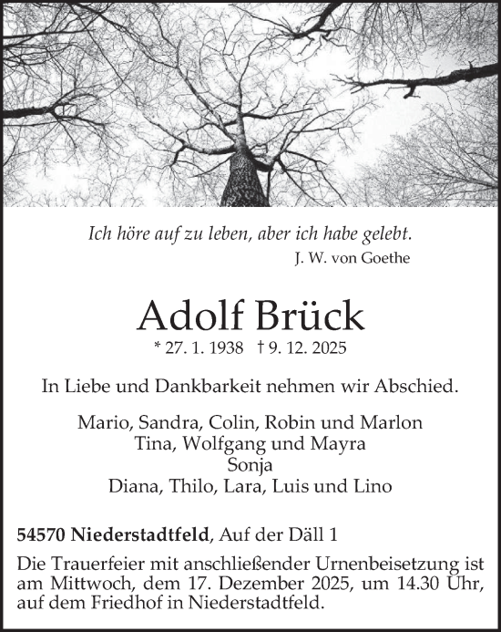 Traueranzeige von Adolf Brück von trierischer_volksfreund