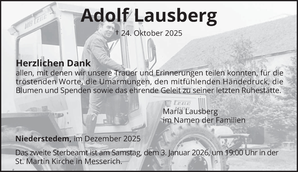  Traueranzeige für Adolf Lausberg vom 27.12.2025 aus trierischer_volksfreund