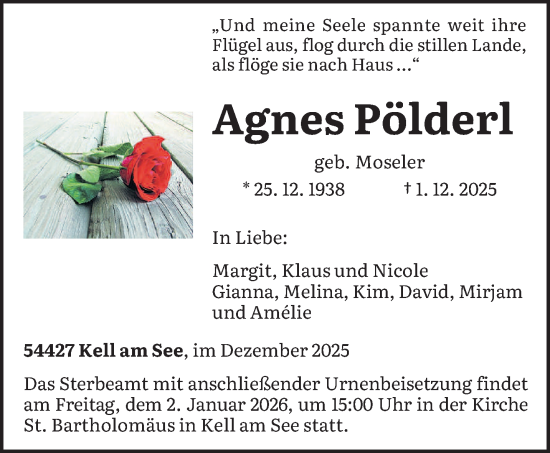 Traueranzeige von Agnes Pölderl von trierischer_volksfreund