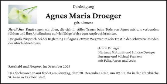 Traueranzeige von Agnes Maria Droeger von trierischer_volksfreund