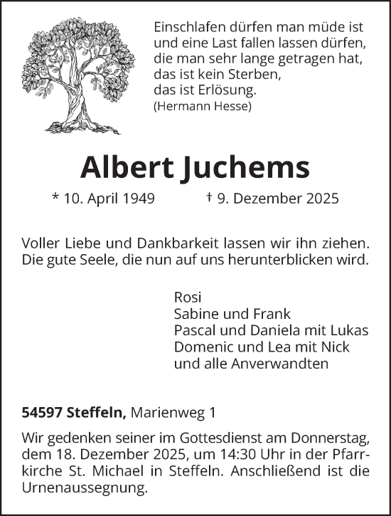 Traueranzeige von Albert Juchems von trierischer_volksfreund