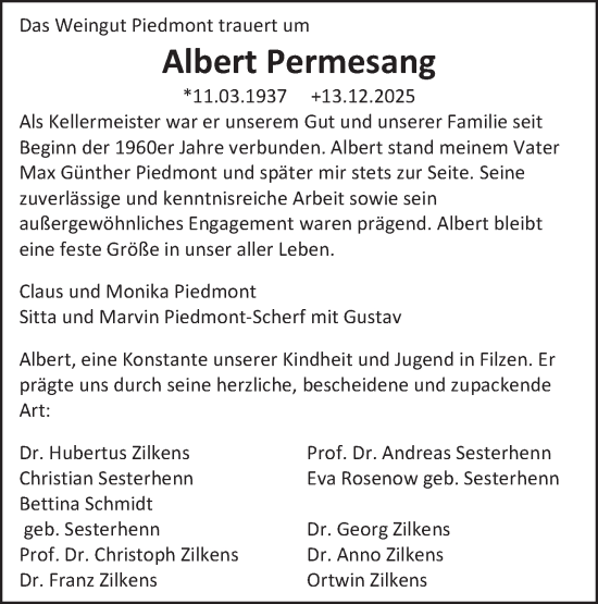 Traueranzeige von Albert Permesang von trierischer_volksfreund