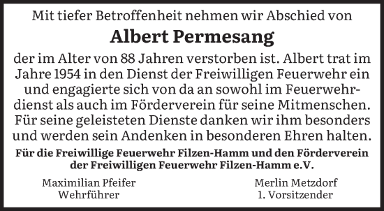 Traueranzeige von Albert Permesang von trierischer_volksfreund