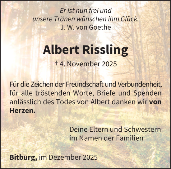 Traueranzeige von Albert Rissling von trierischer_volksfreund