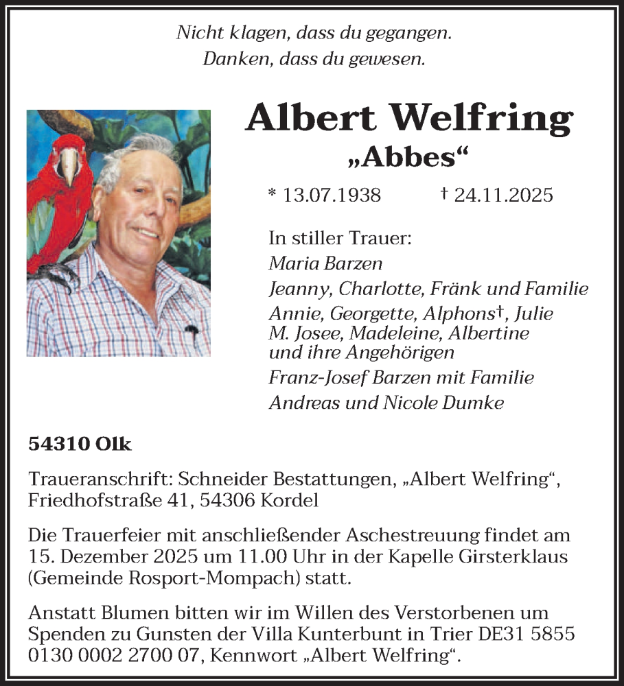  Traueranzeige für Albert Welfring vom 10.12.2025 aus trierischer_volksfreund