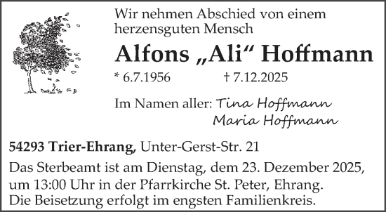 Traueranzeige von Alfons Hoffmann von trierischer_volksfreund