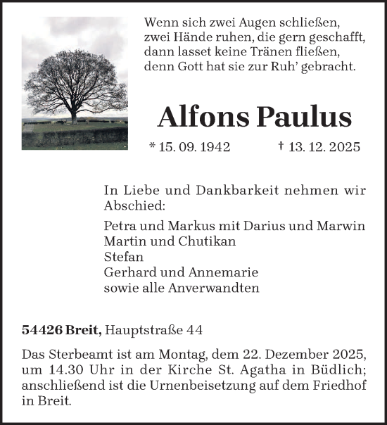 Traueranzeige von Alfons Paulus von trierischer_volksfreund