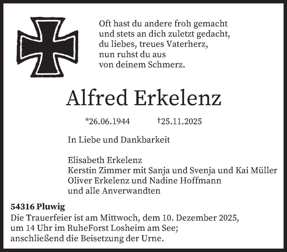  Traueranzeige für Alfred Erkelenz vom 06.12.2025 aus trierischer_volksfreund