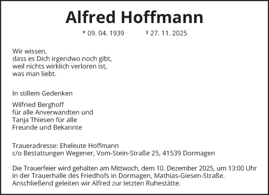 Traueranzeige von Alfred Hoffmann von trierischer_volksfreund