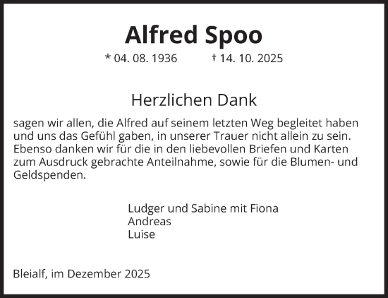 Traueranzeige von Alfred Spoo von trierischer_volksfreund
