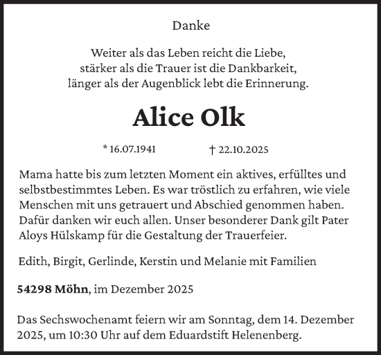 Traueranzeige von Alice Olk von trierischer_volksfreund