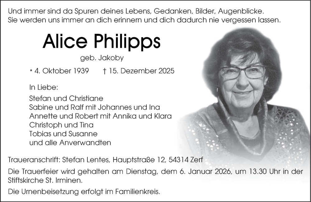  Traueranzeige für Alice Philipps vom 27.12.2025 aus trierischer_volksfreund