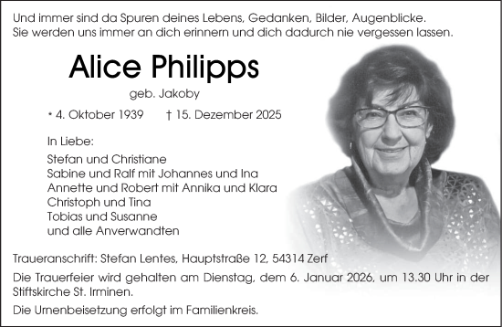Traueranzeige von Alice Philipps von trierischer_volksfreund