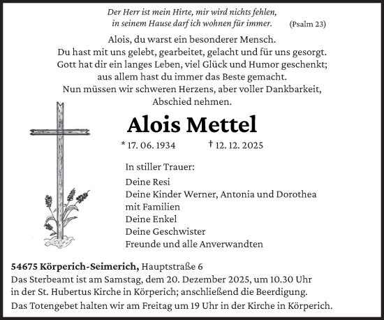 Traueranzeige von Alois Mettel von trierischer_volksfreund