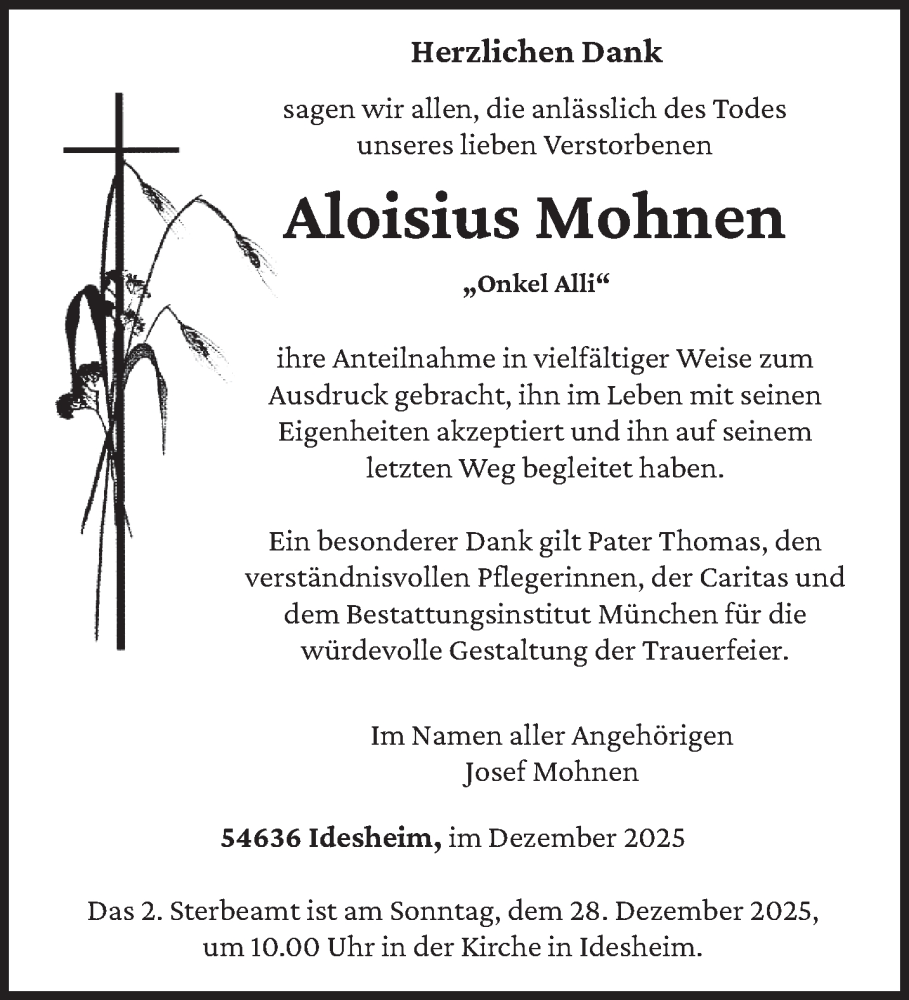 Traueranzeige für Aloisius Mohnen vom 13.12.2025 aus trierischer_volksfreund