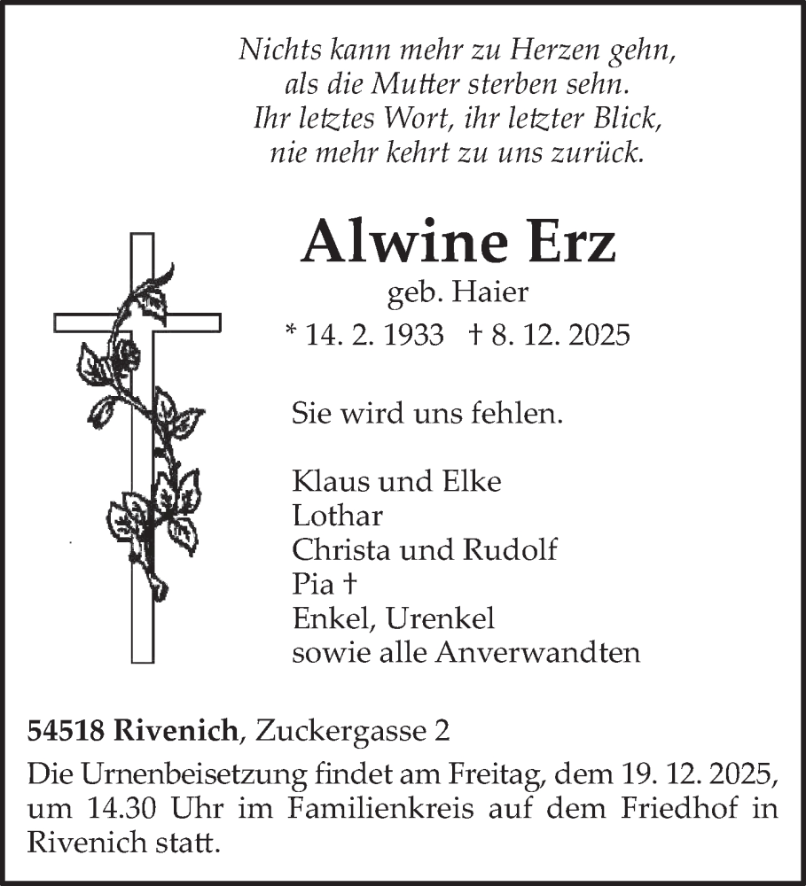  Traueranzeige für Alwine Erz vom 13.12.2025 aus trierischer_volksfreund