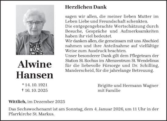 Traueranzeige von Alwine Hansen von trierischer_volksfreund