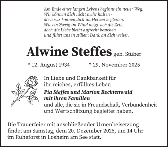 Traueranzeige von Alwine Steffes von trierischer_volksfreund