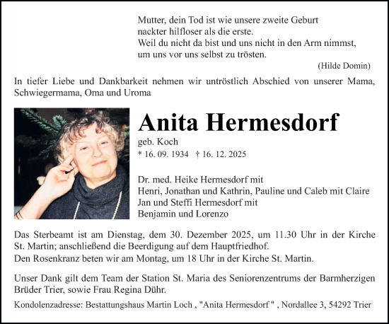 Traueranzeige von Anita Hermesdorf von trierischer_volksfreund
