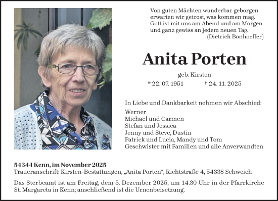 Traueranzeige von Anita Porten von trierischer_volksfreund