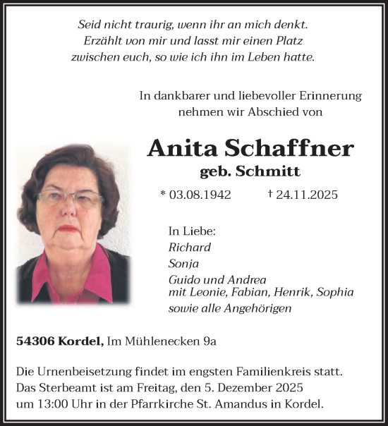 Traueranzeige von Anita Schaffner von trierischer_volksfreund