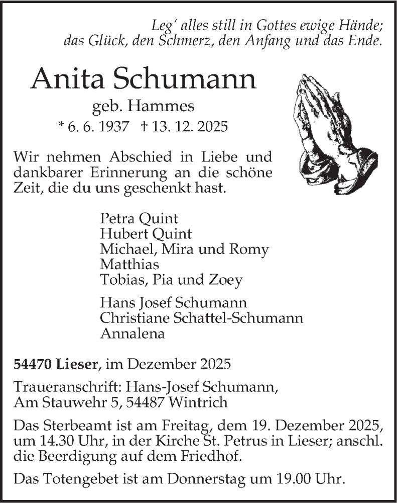 Traueranzeige für Anita Schumann vom 16.12.2025 aus trierischer_volksfreund