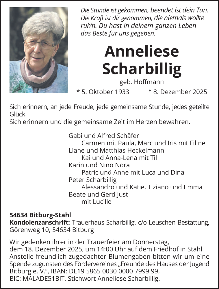  Traueranzeige für Anneliese Scharbillig vom 13.12.2025 aus trierischer_volksfreund