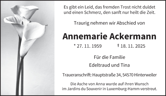 Traueranzeige von Annemarie Ackermann von trierischer_volksfreund