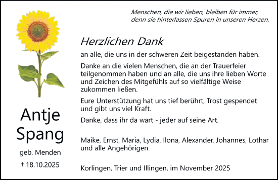 Traueranzeige von Antje Spang von trierischer_volksfreund