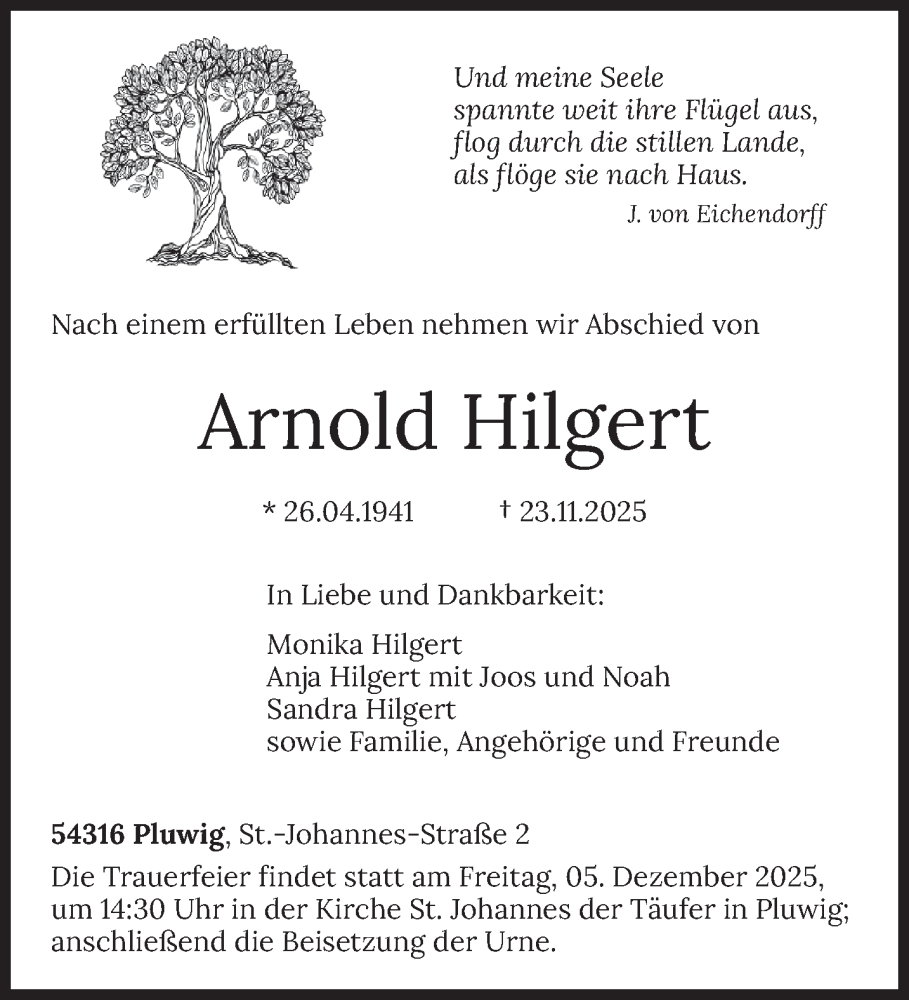  Traueranzeige für Arnold Hilgert vom 29.11.2025 aus trierischer_volksfreund