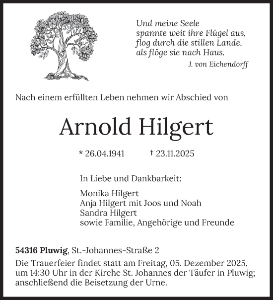 Traueranzeige von Arnold Hilgert von trierischer_volksfreund