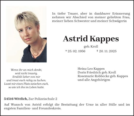 Traueranzeige von Astrid Kappes von trierischer_volksfreund