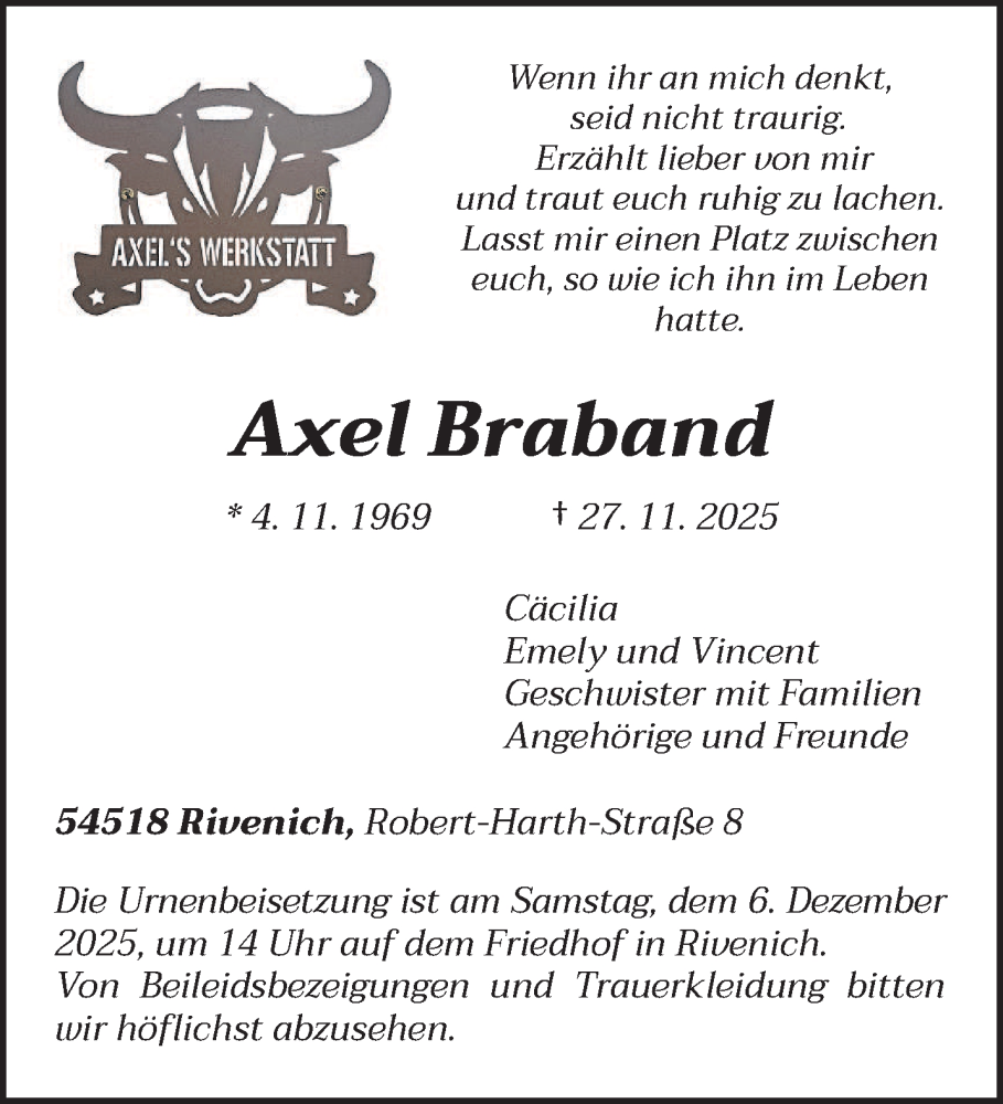  Traueranzeige für Axel Braband vom 03.12.2025 aus trierischer_volksfreund