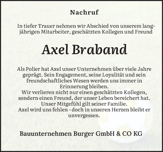 Traueranzeige von Axel Braband von trierischer_volksfreund