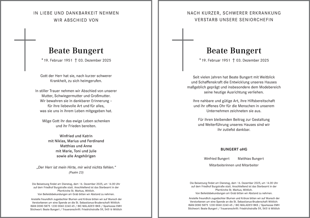  Traueranzeige für Beate Bungert vom 06.12.2025 aus trierischer_volksfreund