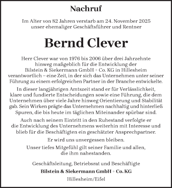 Traueranzeige von Bernd Clever von trierischer_volksfreund