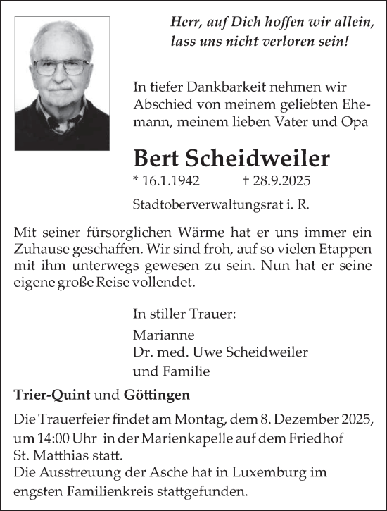 Traueranzeige von Bert Scheidweiler von trierischer_volksfreund
