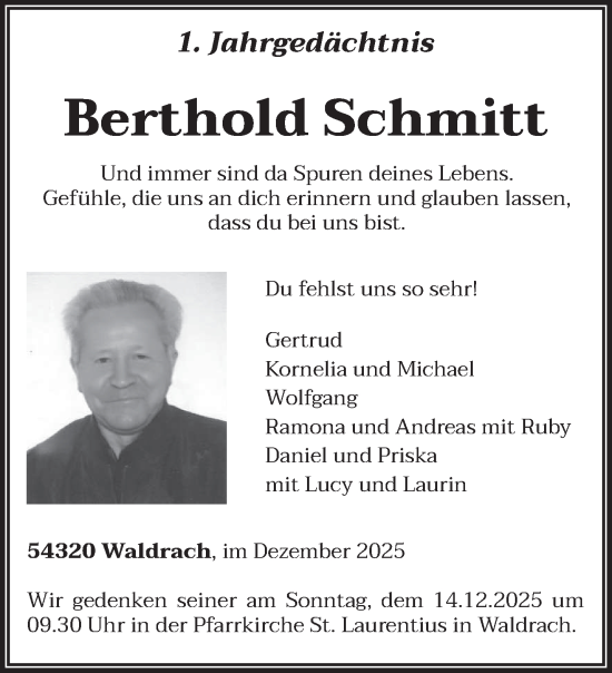 Traueranzeige von Berthold Schmitt von trierischer_volksfreund