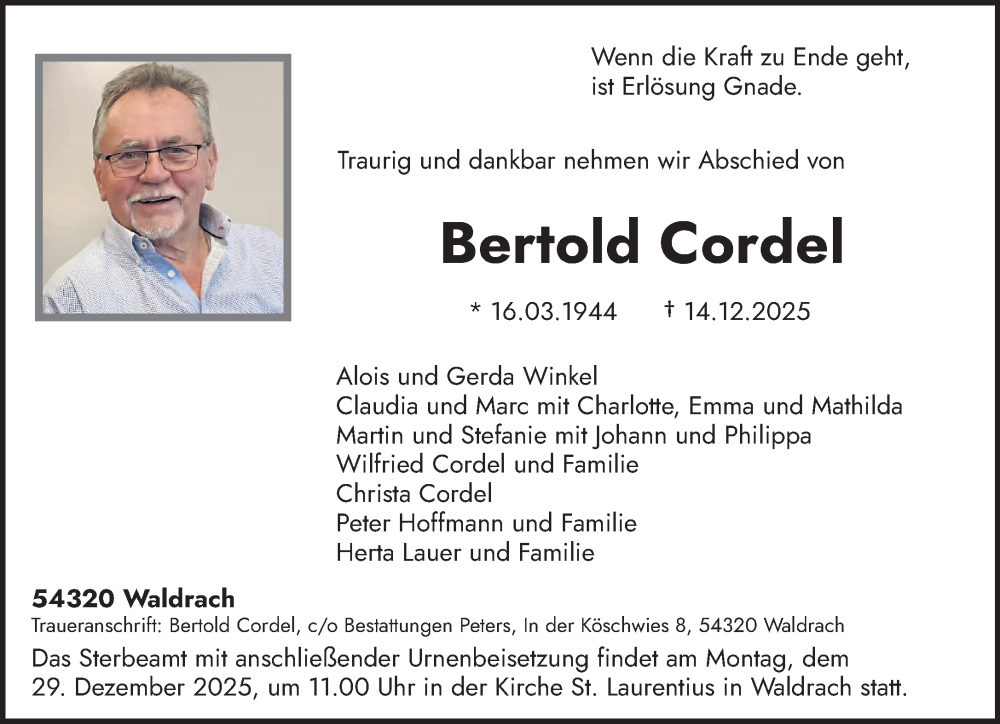  Traueranzeige für Bertold Cordel vom 23.12.2025 aus trierischer_volksfreund
